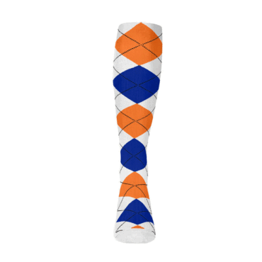 Mens Over the Calf Argyle Sock White, Royal Blue and Orange 360 View