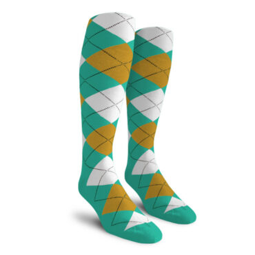Mens Over the Calf Argyle Socks Teal, Gold and White
