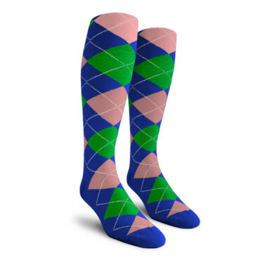 Mens Over the Calf Argyle Socks Royal Blue, Lime and Pink