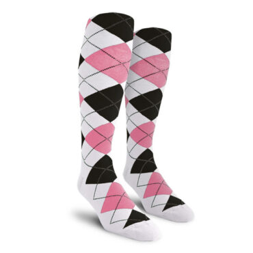 Mens Over the Calf Argyle Socks White, Pink and Black