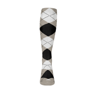 Mens Over the Calf Argyle Sock Taupe, Black and White 360 View