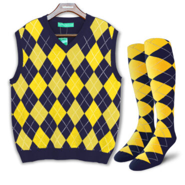 Mens Argyle Sweater Vest Navy and Yellow Front with Matching Argyle Socks