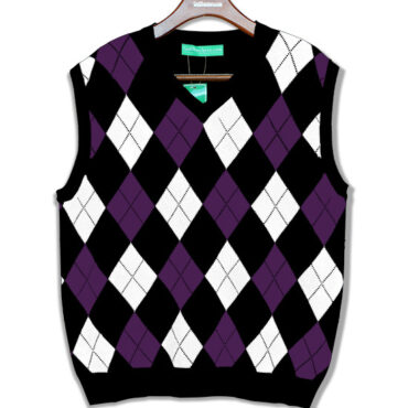 Mens Argyle Sweater Vest Black, Purple and White Front