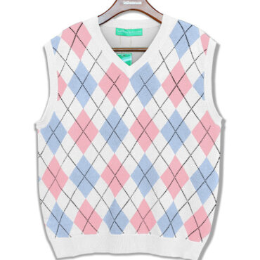 Mens Argyle Sweater Vest White, Pink and Light Blue Front
