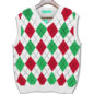 Mens Argyle Sweater Vest White, Lime Green and Red Front