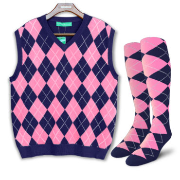 Mens Argyle Sweater Vest Navy and Pink Front with Matching Argyle Socks