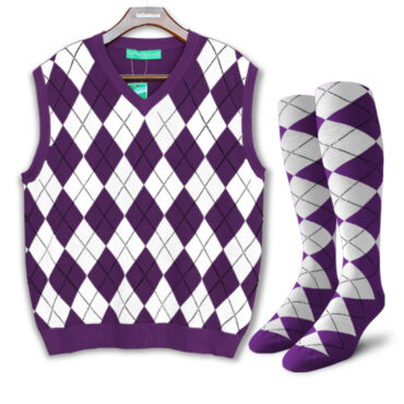 Mens Argyle Sweater Vest Purple and White Front With Matching Argyle Socks