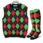 Mens Argyle Sweater Vest Black, Red and Lime Green with Matching Argyle Sock