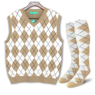 Mens Argyle Sweater Vest Khaki and White with Matching Argyle Socks