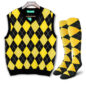 Mens Argyle Sweater Vest Black and Yellow With Matching Argyle Socks