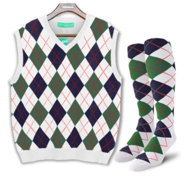 Mens Argyle Sweater Vest White, Dark Green and Navy Front With Matching Argyle Socks