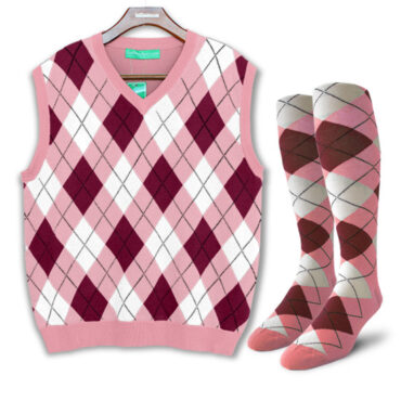 Mens Argyle Sweater Vest Pink, Maroon and White Front with Matching Argyle Socks