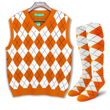 Mens Argyle Sweater Vest Orange and White Front with matching argyle socks