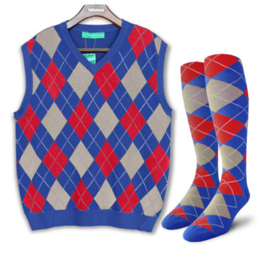 Mens Argyle Sweater Vest Royal Blue, Taupe and Red Front with matching Argyle Socks